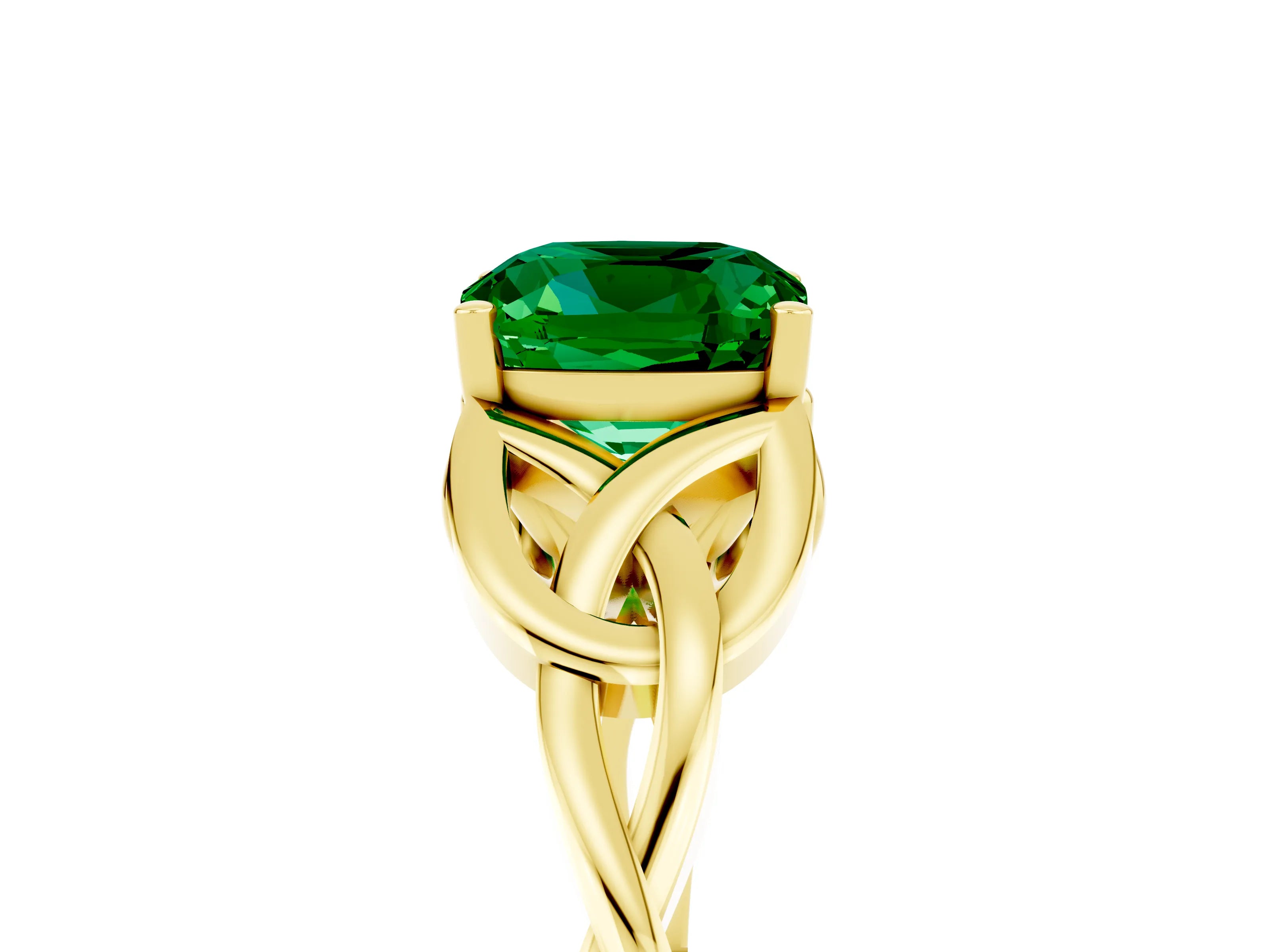 Yellow gold Cushion Cut Emerald Solitaire Engagement Ring with Celtic Knot Band and Four-Prong Setting_5
