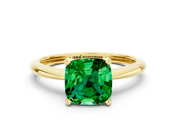 Yellow gold Cushion Cut Emerald Solitaire Engagement Ring with Classic Band and Four-Prong Setting