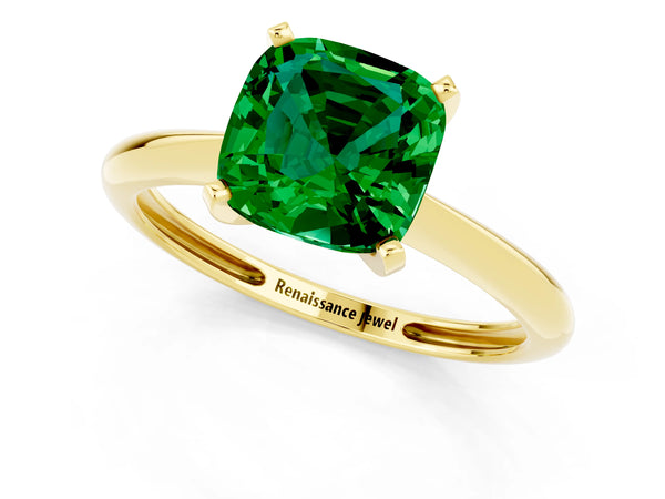 Yellow gold Cushion Cut Emerald Solitaire Engagement Ring with Classic Band and Four-Prong Setting
