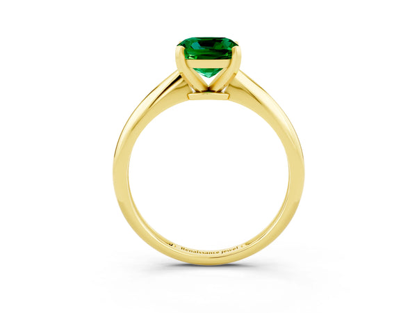 Yellow gold Cushion Cut Emerald Solitaire Engagement Ring with Classic Band and Four-Prong Setting