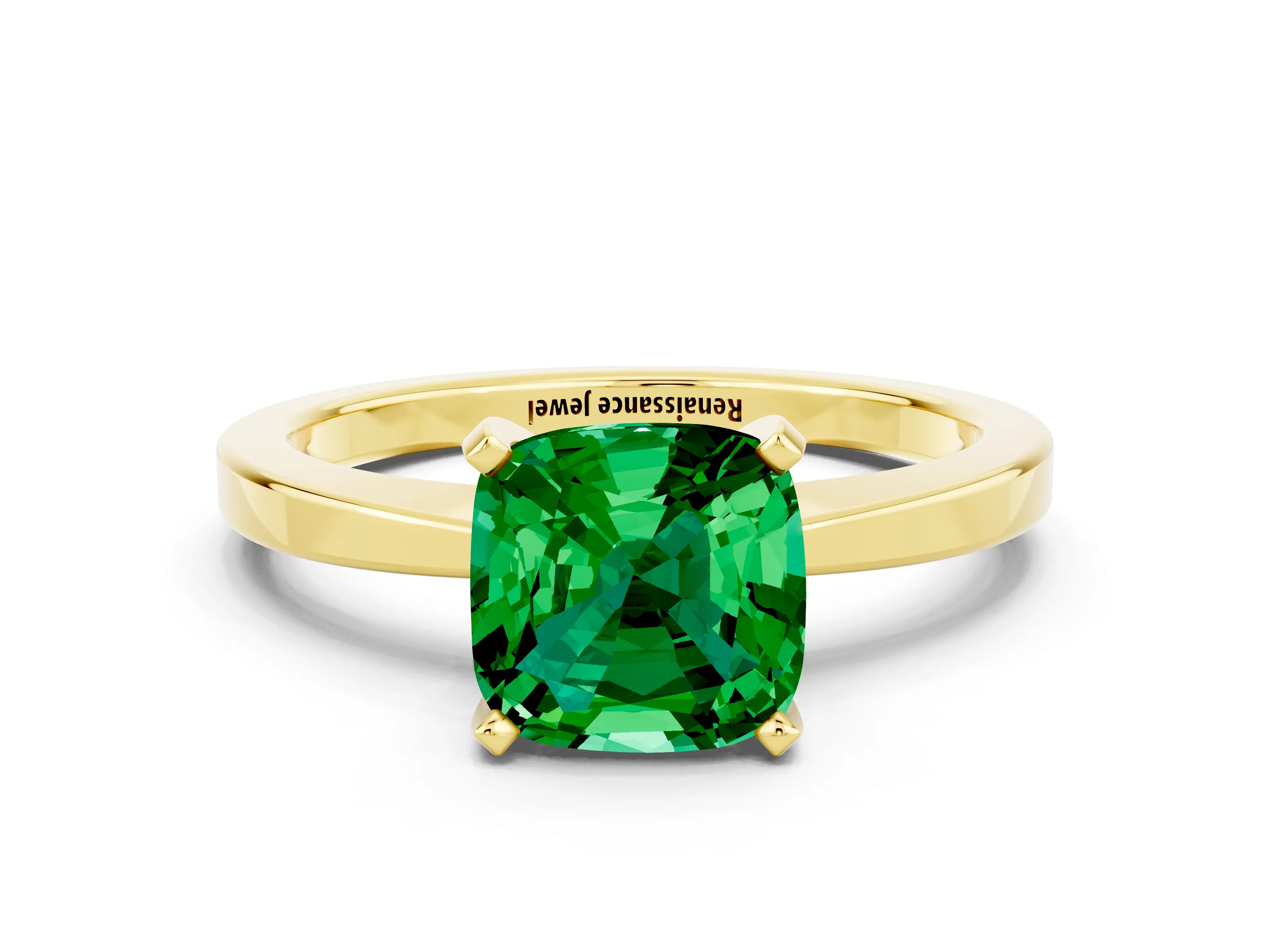 Yellow gold Cushion Cut Emerald Solitaire Engagement Ring with Classic Band and Four-Prong Setting_24