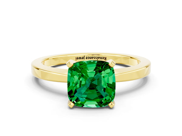 Yellow gold Cushion Cut Emerald Solitaire Engagement Ring with Classic Band and Four-Prong Setting