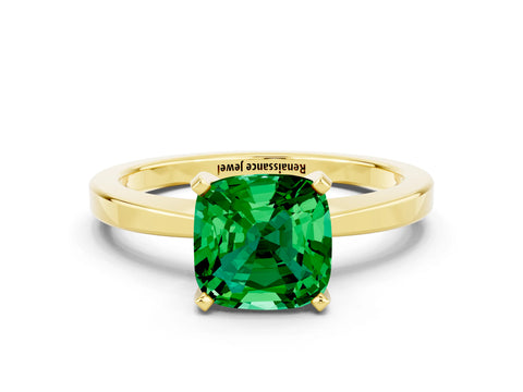Yellow gold Cushion Cut Emerald Solitaire Engagement Ring with Classic Band and Four-Prong Setting_24