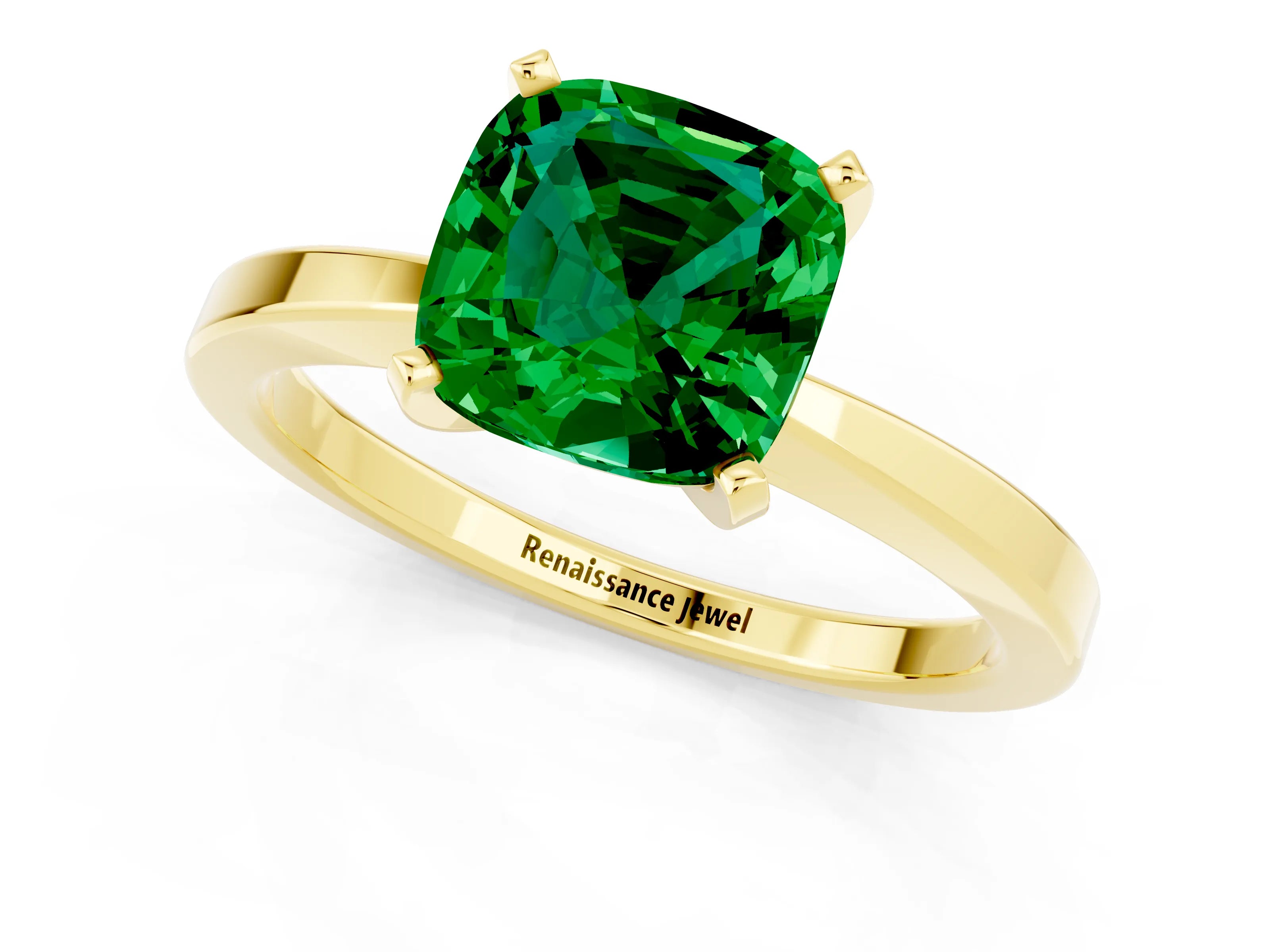 Yellow gold Cushion Cut Emerald Solitaire Engagement Ring with Classic Band and Four-Prong Setting_25