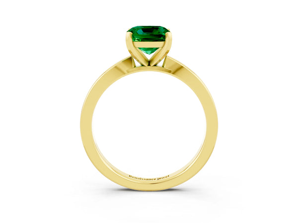 Yellow gold Cushion Cut Emerald Solitaire Engagement Ring with Classic Band and Four-Prong Setting