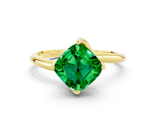 Yellow gold Cushion Cut Emerald Solitaire Engagement Ring with Four-Prong Setting and Classic Band