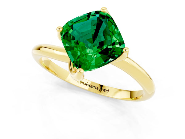 Yellow gold Cushion Cut Emerald Solitaire Engagement Ring with Four-Prong Setting and Classic Band
