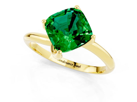 Yellow gold Cushion Cut Emerald Solitaire Engagement Ring with Four-Prong Setting and Classic Band_13