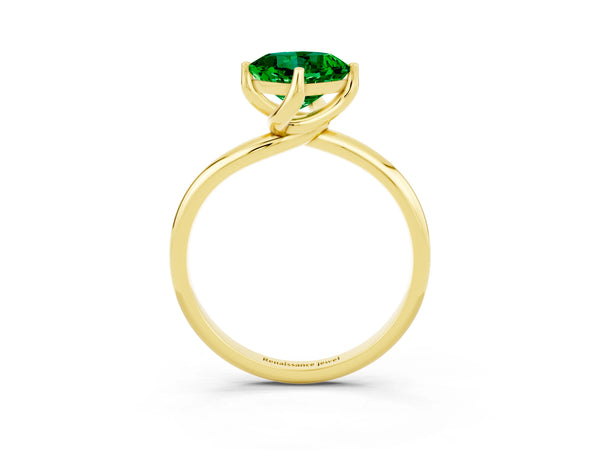 Yellow gold Cushion Cut Emerald Solitaire Engagement Ring with Four-Prong Setting and Classic Band