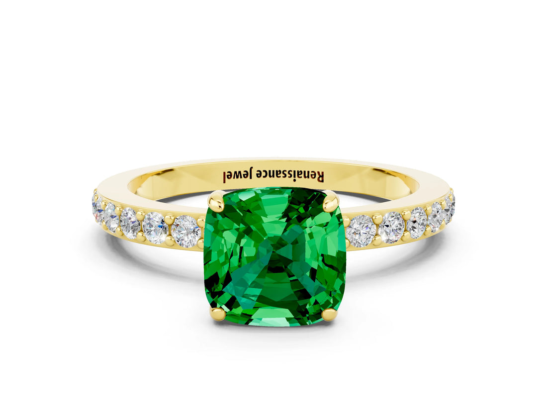 Yellow gold Cushion Cut Emerald Solitaire Engagement Ring with Pavé Band and Four-Prong Setting