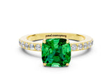 Yellow gold Cushion Cut Emerald Solitaire Engagement Ring with Pavé Band and Four-Prong Setting