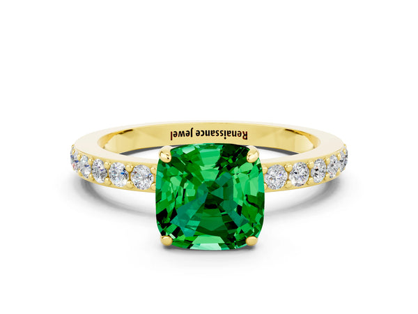 Yellow gold Cushion Cut Emerald Solitaire Engagement Ring with Pavé Band and Four-Prong Setting