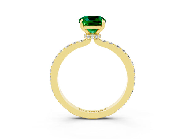 Yellow gold Cushion Cut Emerald Solitaire Engagement Ring with Pavé Band and Four-Prong Setting