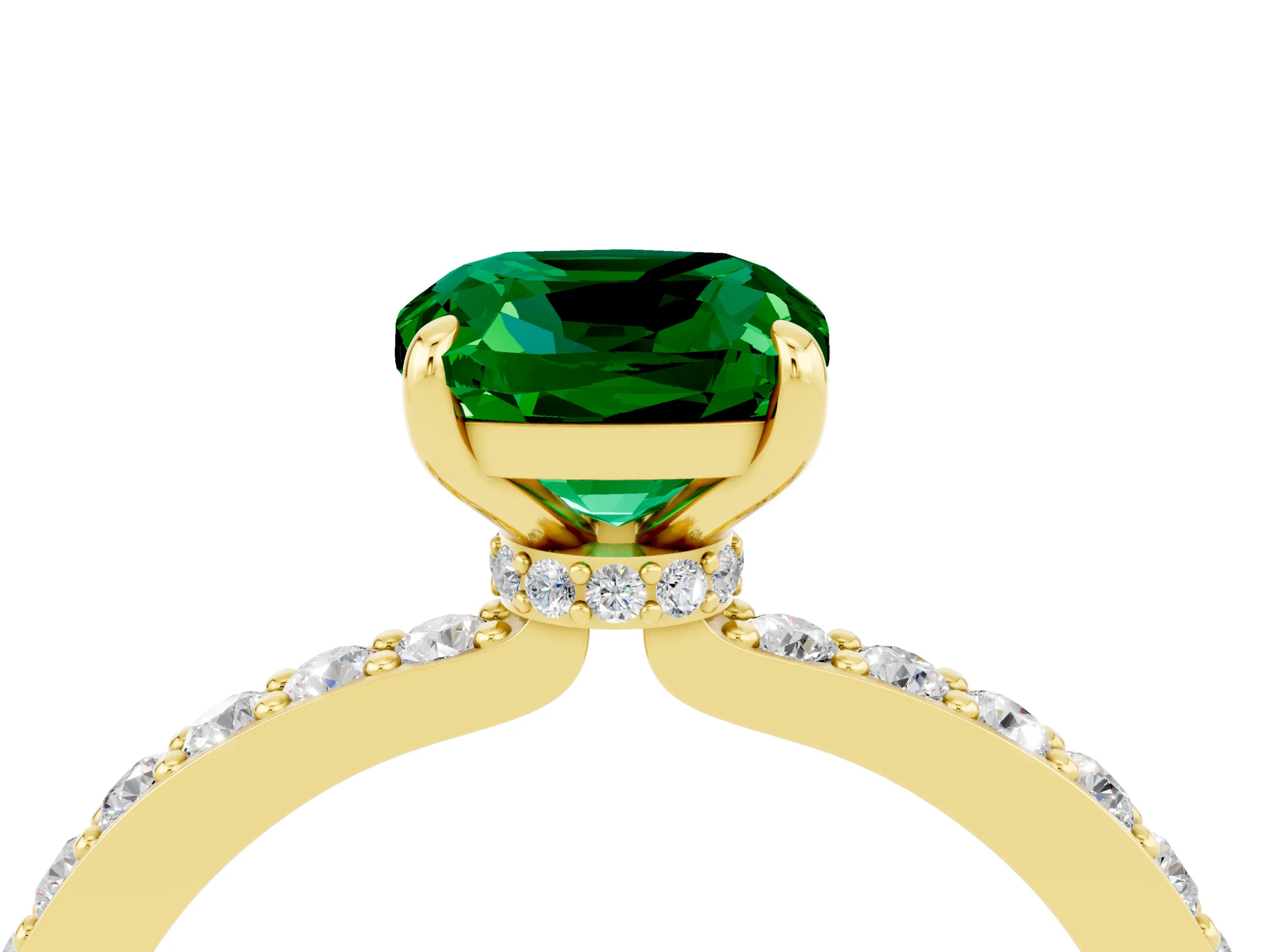 Yellow gold Cushion Cut Emerald Solitaire Engagement Ring with Pavé Band and Four-Prong Setting_4