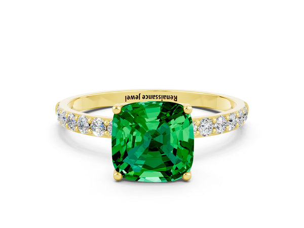 Yellow gold Cushion Cut Emerald Solitaire Engagement Ring with Round  Pavé Band and Prong Setting