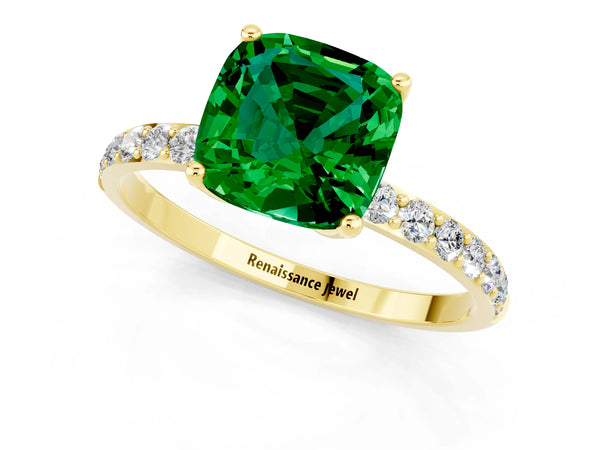 Yellow gold Cushion Cut Emerald Solitaire Engagement Ring with Round  Pavé Band and Prong Setting