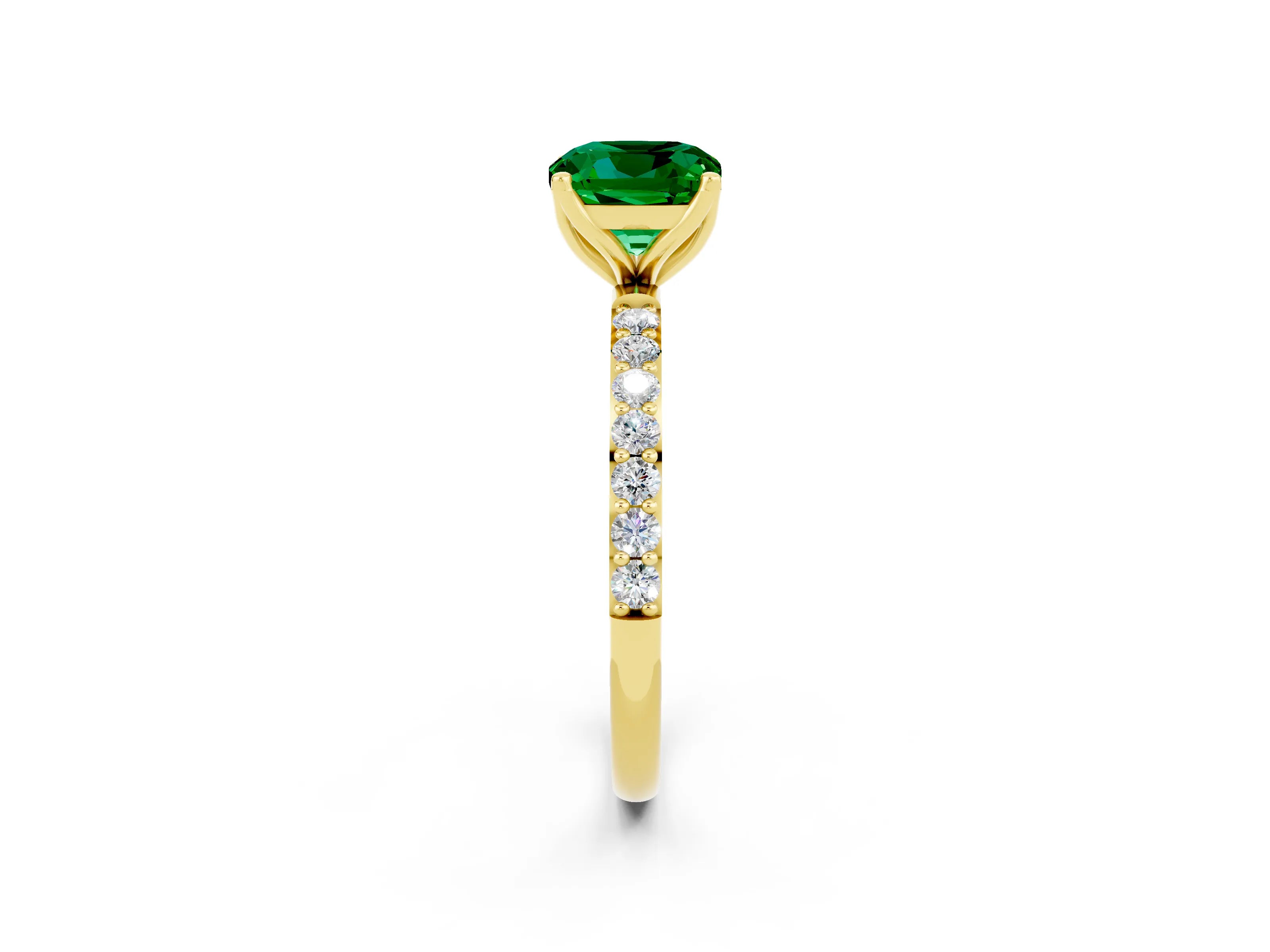 Yellow gold Cushion Cut Emerald Solitaire Engagement Ring with Pavé Band and Prong Setting_2