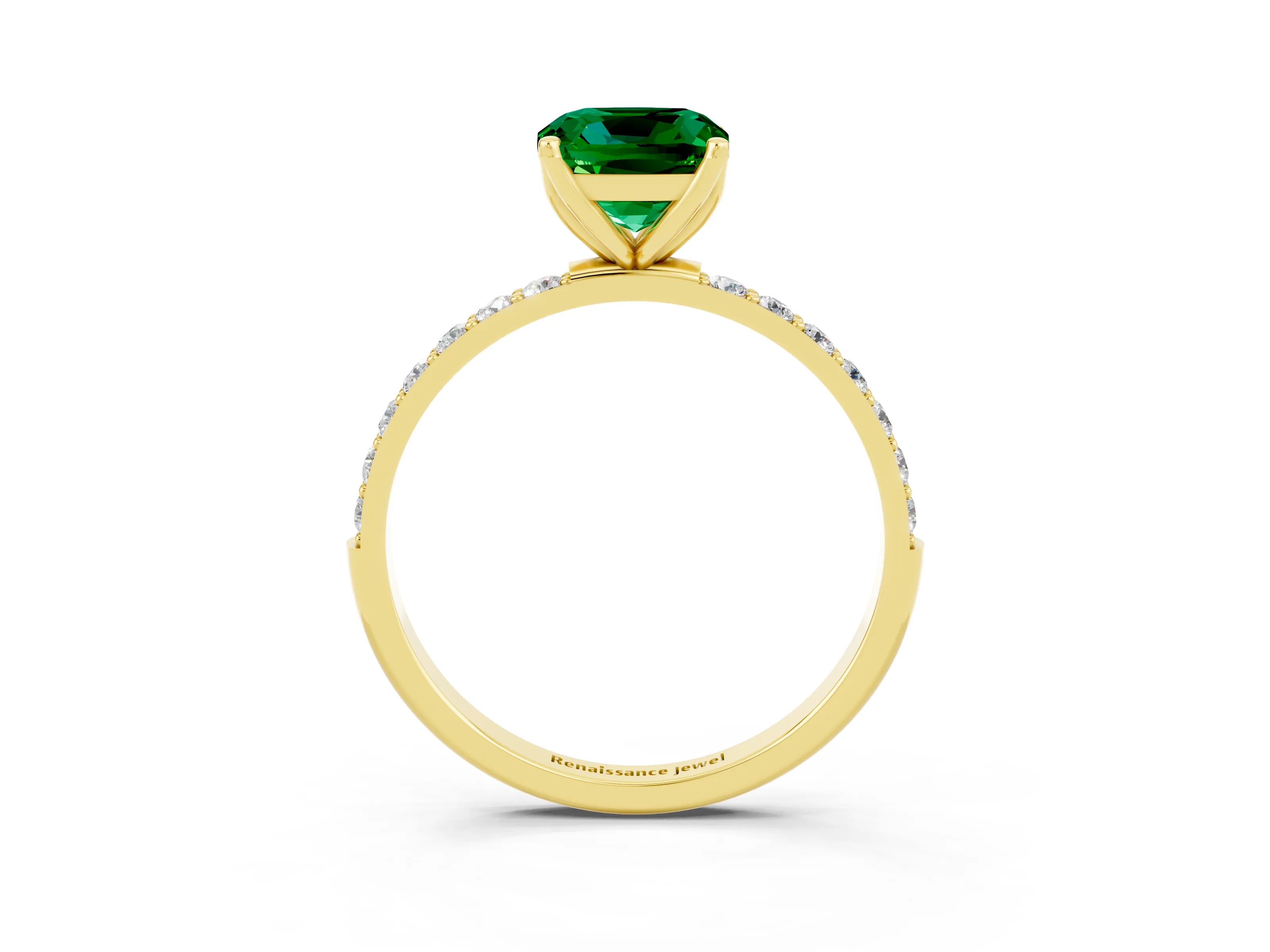 Yellow gold Cushion Cut Emerald Solitaire Engagement Ring with Pavé Band and Prong Setting_3