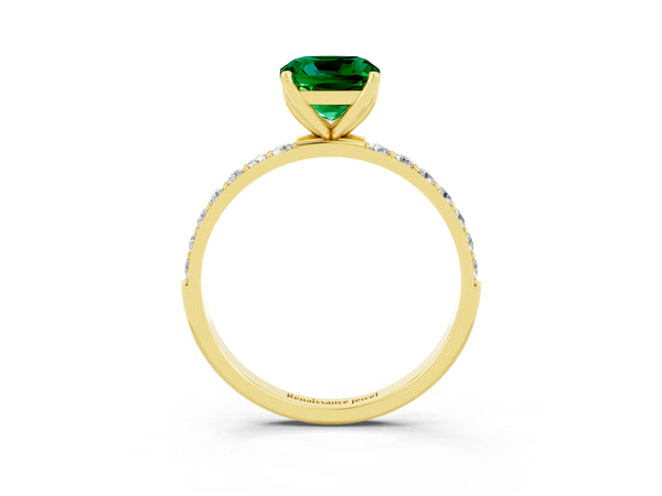 Yellow gold Cushion Cut Emerald Solitaire Engagement Ring with Round  Pavé Band and Prong Setting
