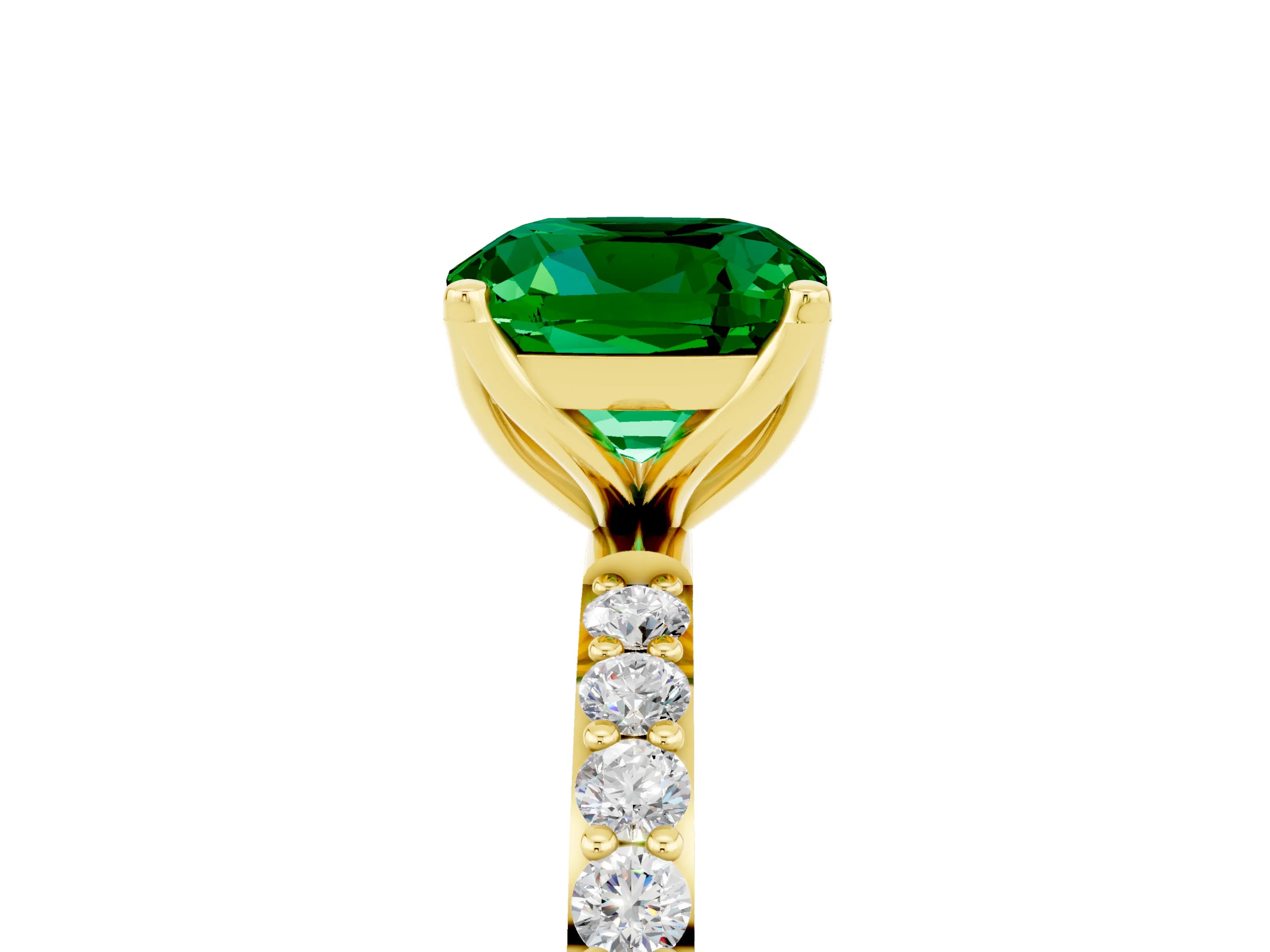 Yellow gold Cushion Cut Emerald Solitaire Engagement Ring with Pavé Band and Prong Setting_5