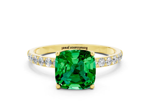 Yellow gold Cushion Cut Emerald Solitaire Engagement Ring with Pavé Band and Prong Setting