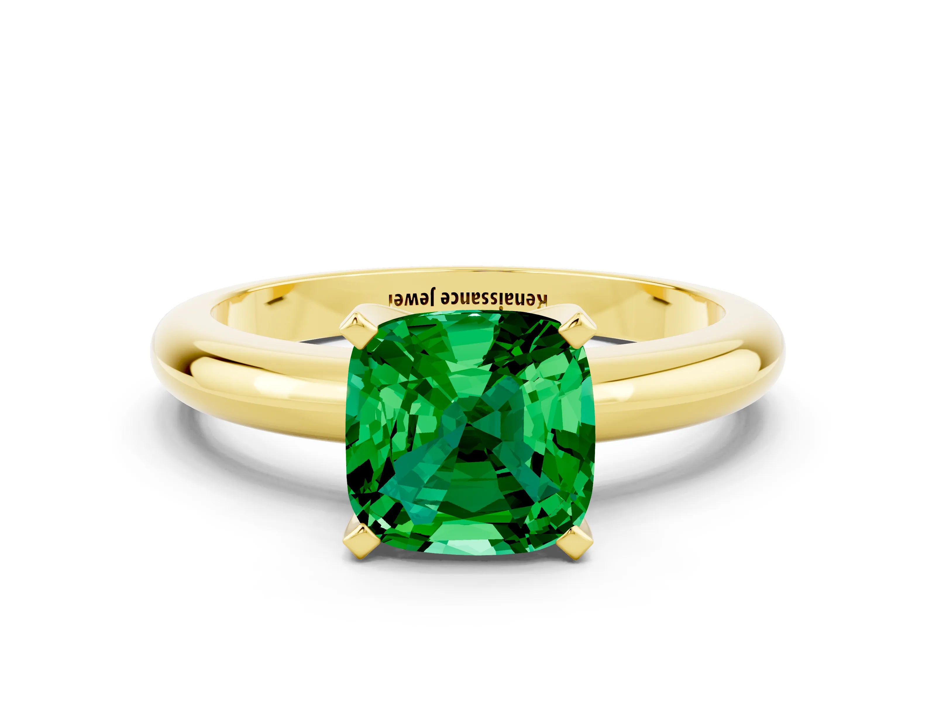 Yellow gold Cushion Cut Emerald Solitaire Engagement Ring with Round Band and Four-Prong Setting