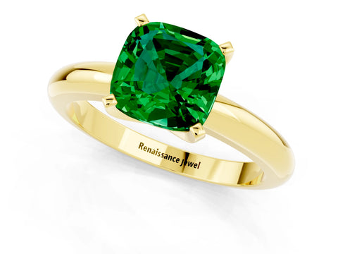 Yellow gold Cushion Cut Emerald Solitaire Engagement Ring with Round Band and Four-Prong Setting_1
