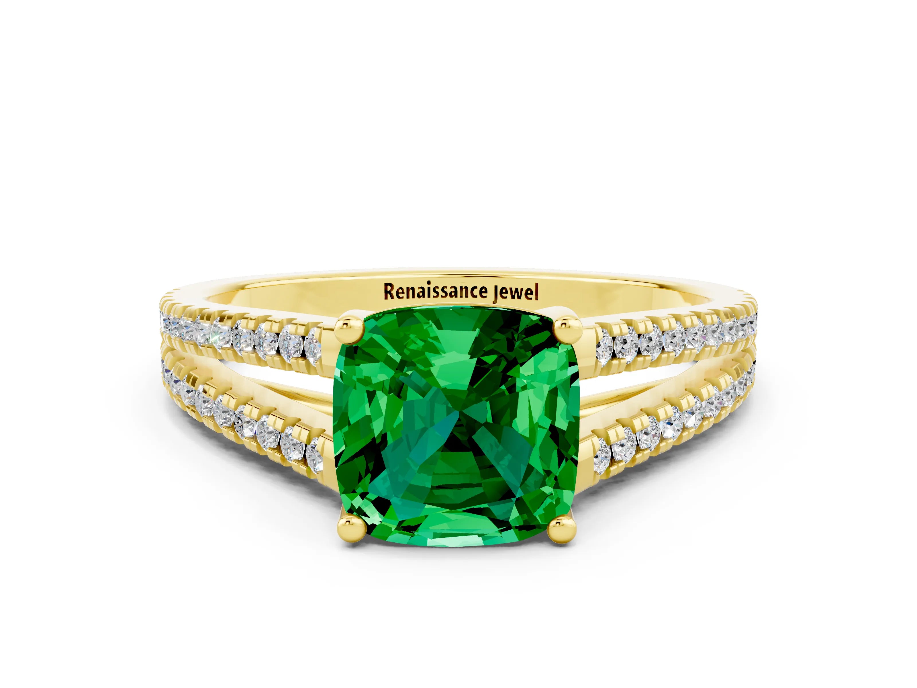 Yellow gold Cushion Cut Emerald Solitaire Engagement Ring with Split Shank Pavé Band