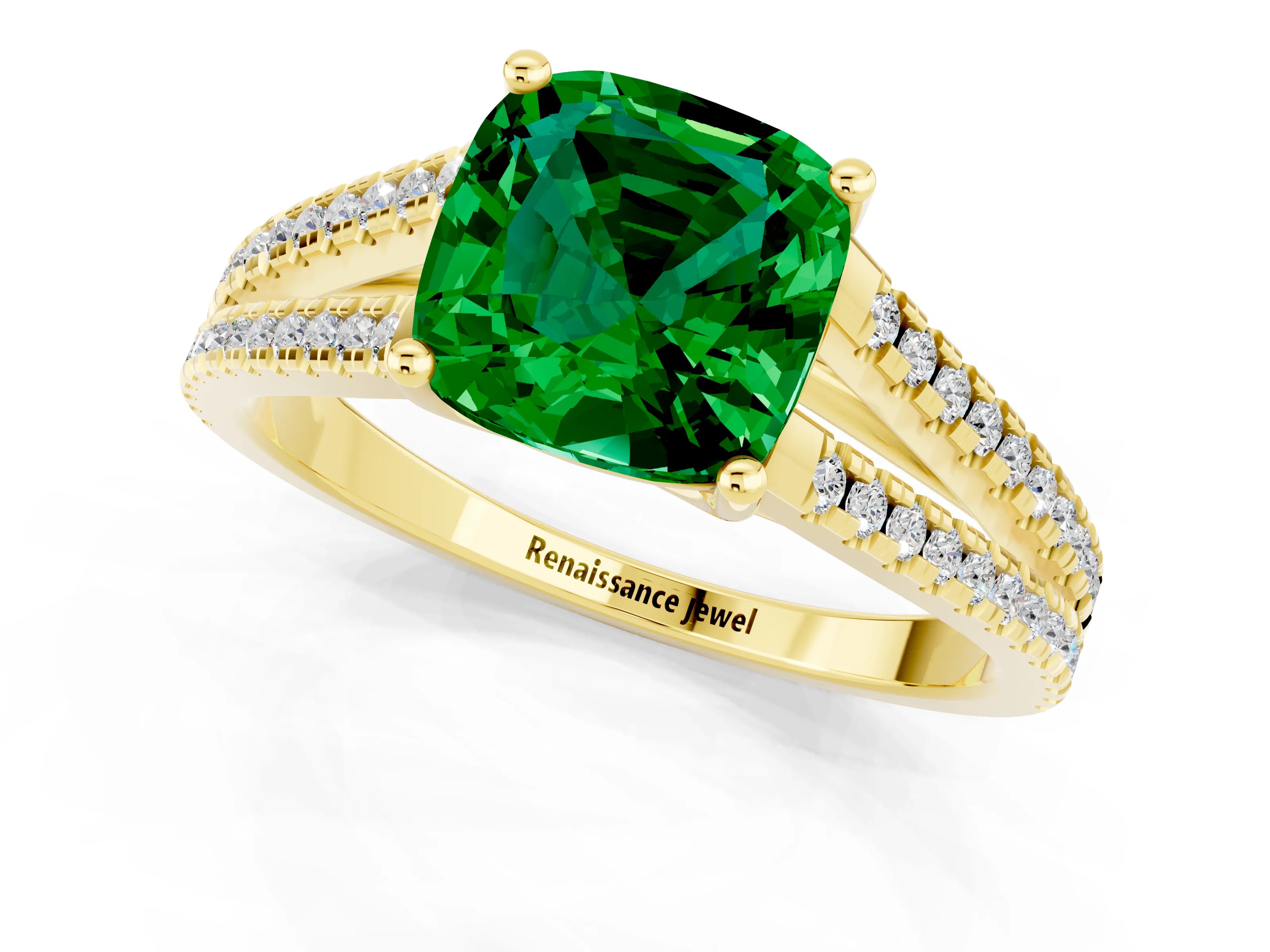 Yellow gold Cushion Cut Emerald Solitaire Engagement Ring with Split Shank Pavé Band_1