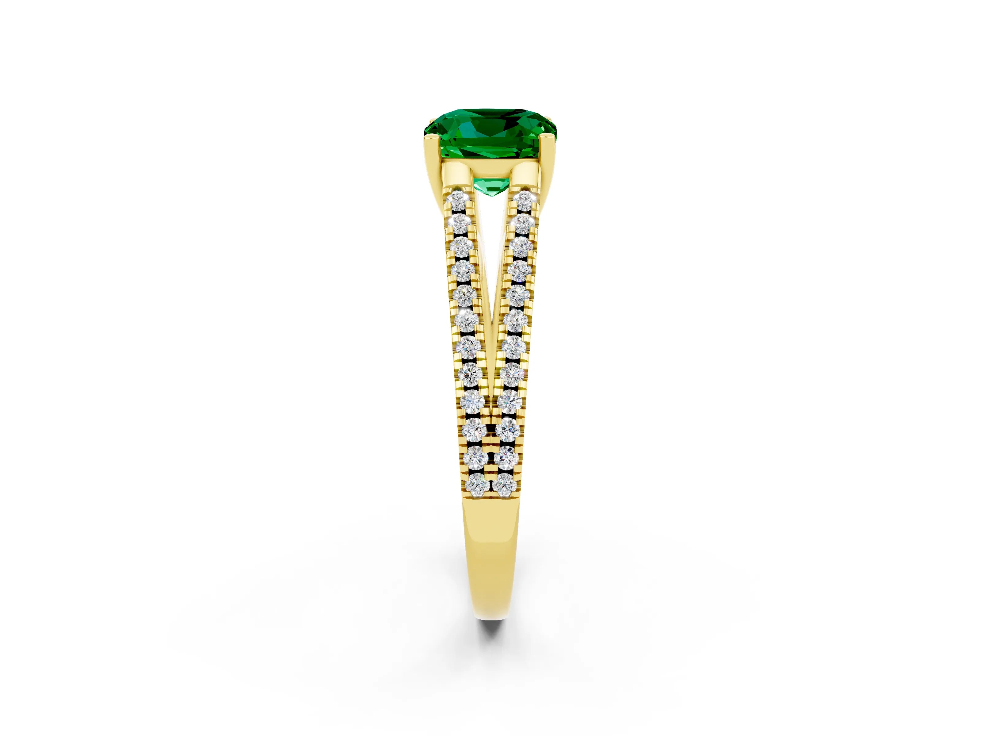 Yellow gold Cushion Cut Emerald Solitaire Engagement Ring with Split Shank Pavé Band_2