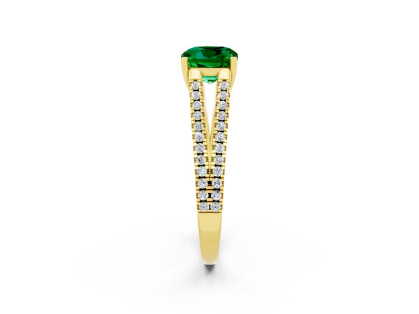 Yellow gold Cushion Cut Emerald Solitaire Engagement Ring with Split Shank Pavé Band