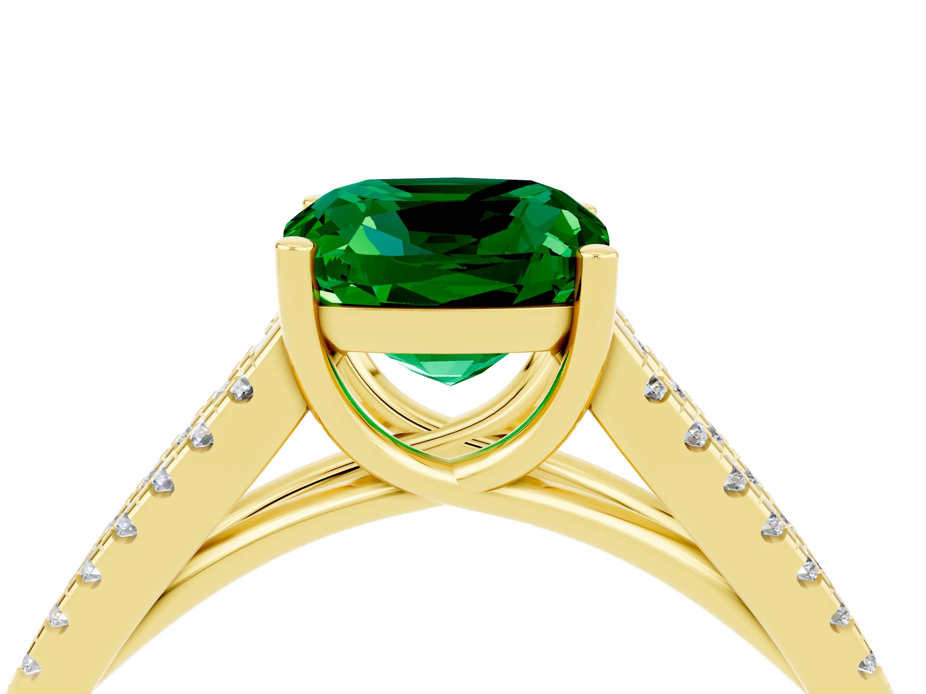Yellow gold Cushion Cut Emerald Solitaire Engagement Ring with Split Shank Pavé Band_4
