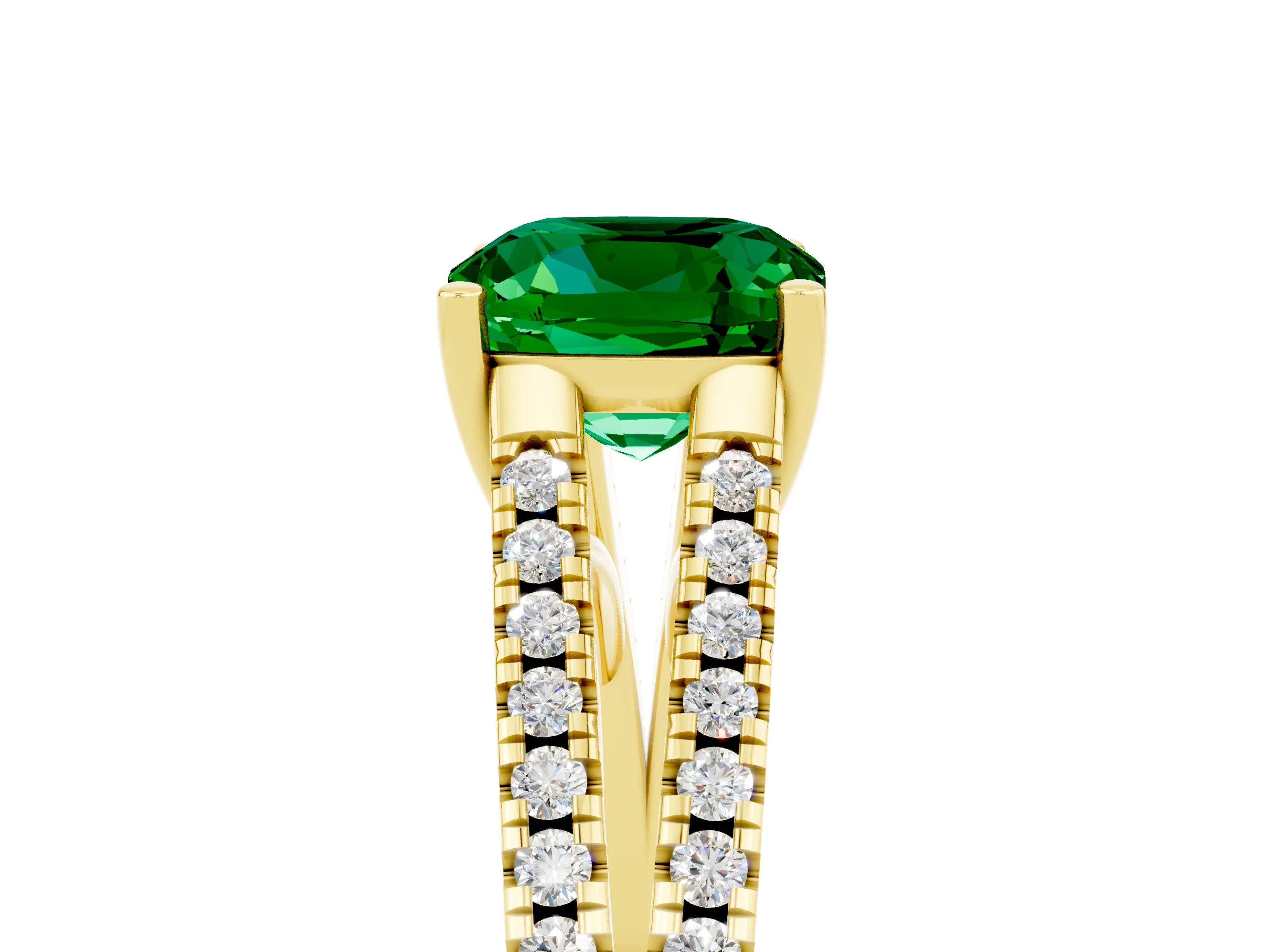 Yellow gold Cushion Cut Emerald Solitaire Engagement Ring with Split Shank Pavé Band_5