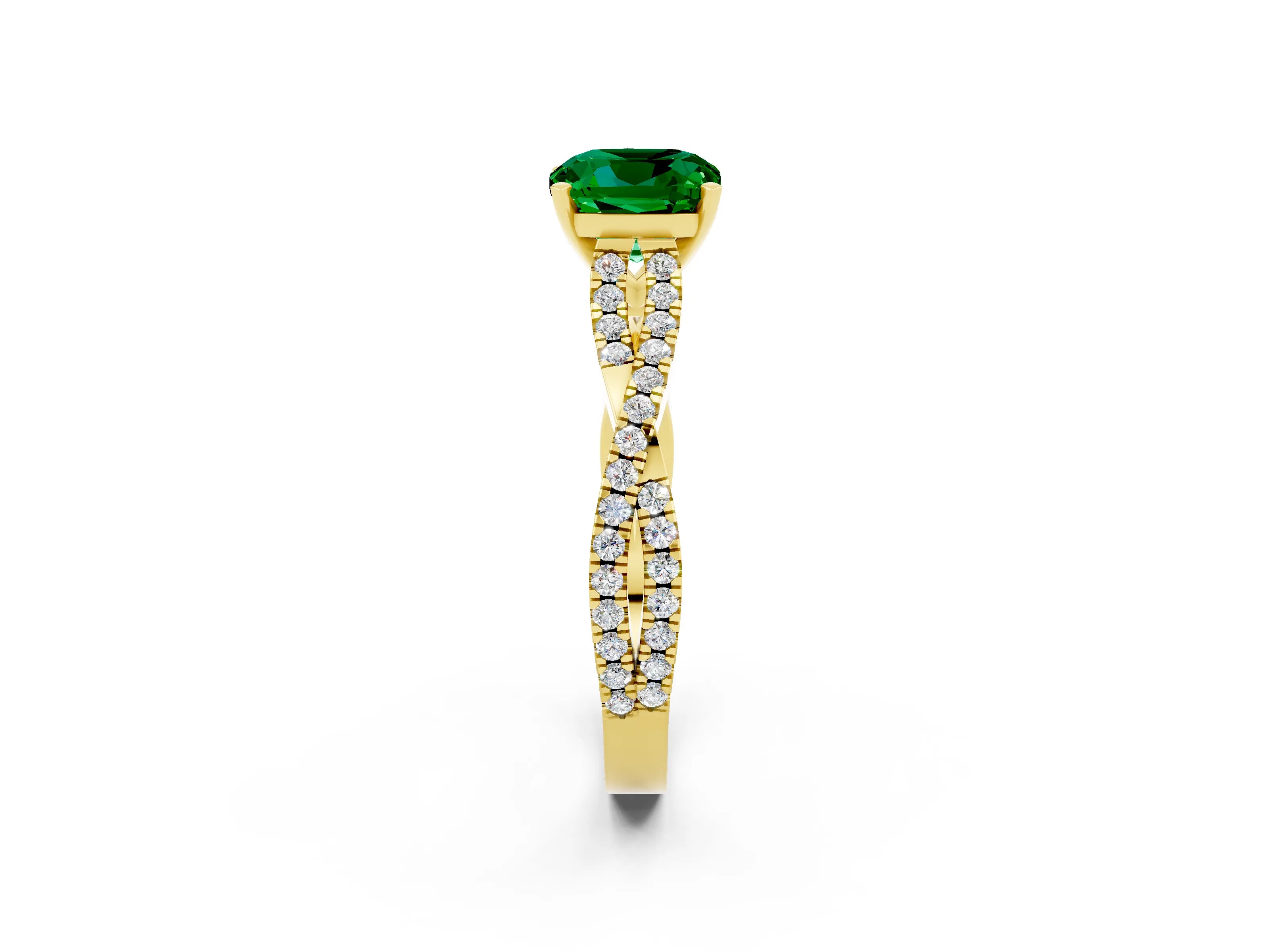Yellow gold Cushion Cut Emerald Solitaire Engagement Ring with Twisted Pavé Band and Four-Prong Setting_14