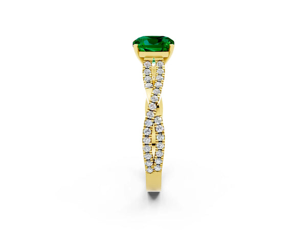 Yellow gold Cushion Cut Emerald Solitaire Engagement Ring with Twisted Pavé Band and Four-Prong Setting