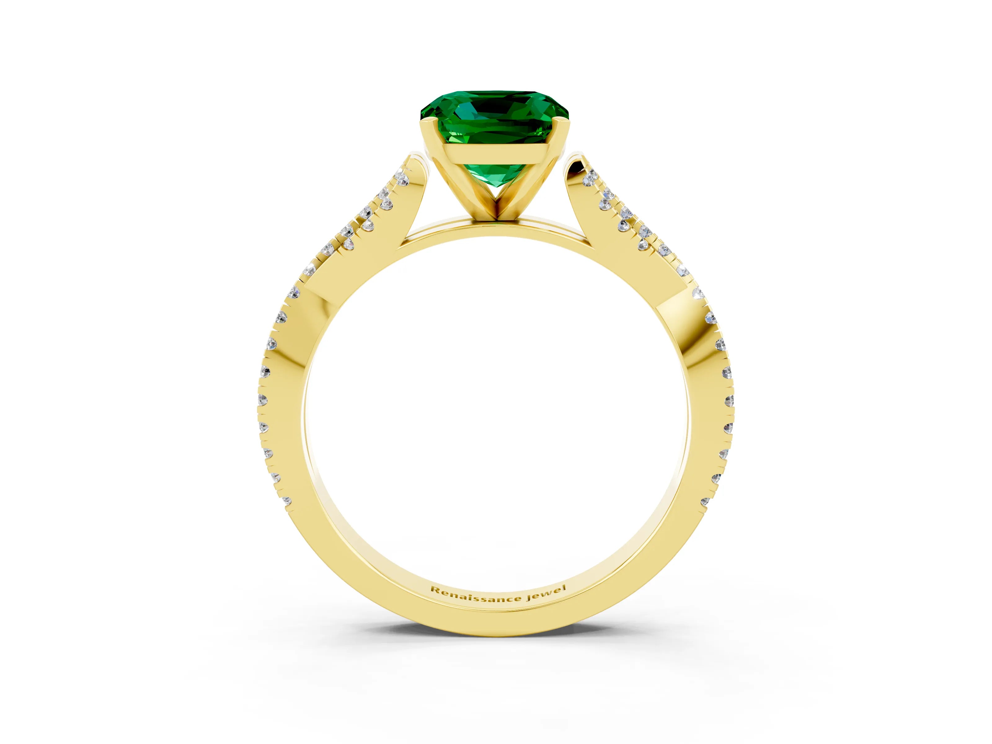 Yellow gold Cushion Cut Emerald Solitaire Engagement Ring with Twisted Pavé Band and Four-Prong Setting_15