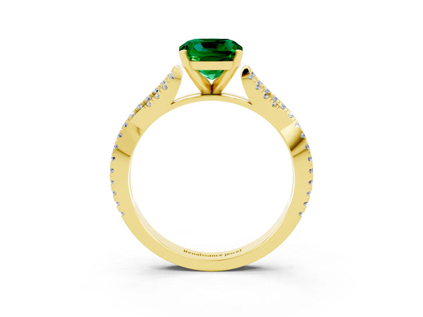 Yellow gold Cushion Cut Emerald Solitaire Engagement Ring with Twisted Pavé Band and Four-Prong Setting