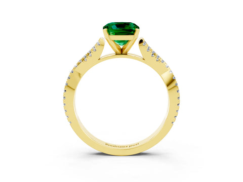 Yellow gold Cushion Cut Emerald Solitaire Engagement Ring with Twisted Pavé Band and Four-Prong Setting_15