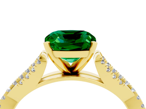 Yellow gold Cushion Cut Emerald Solitaire Engagement Ring with Twisted Pavé Band and Four-Prong Setting_16