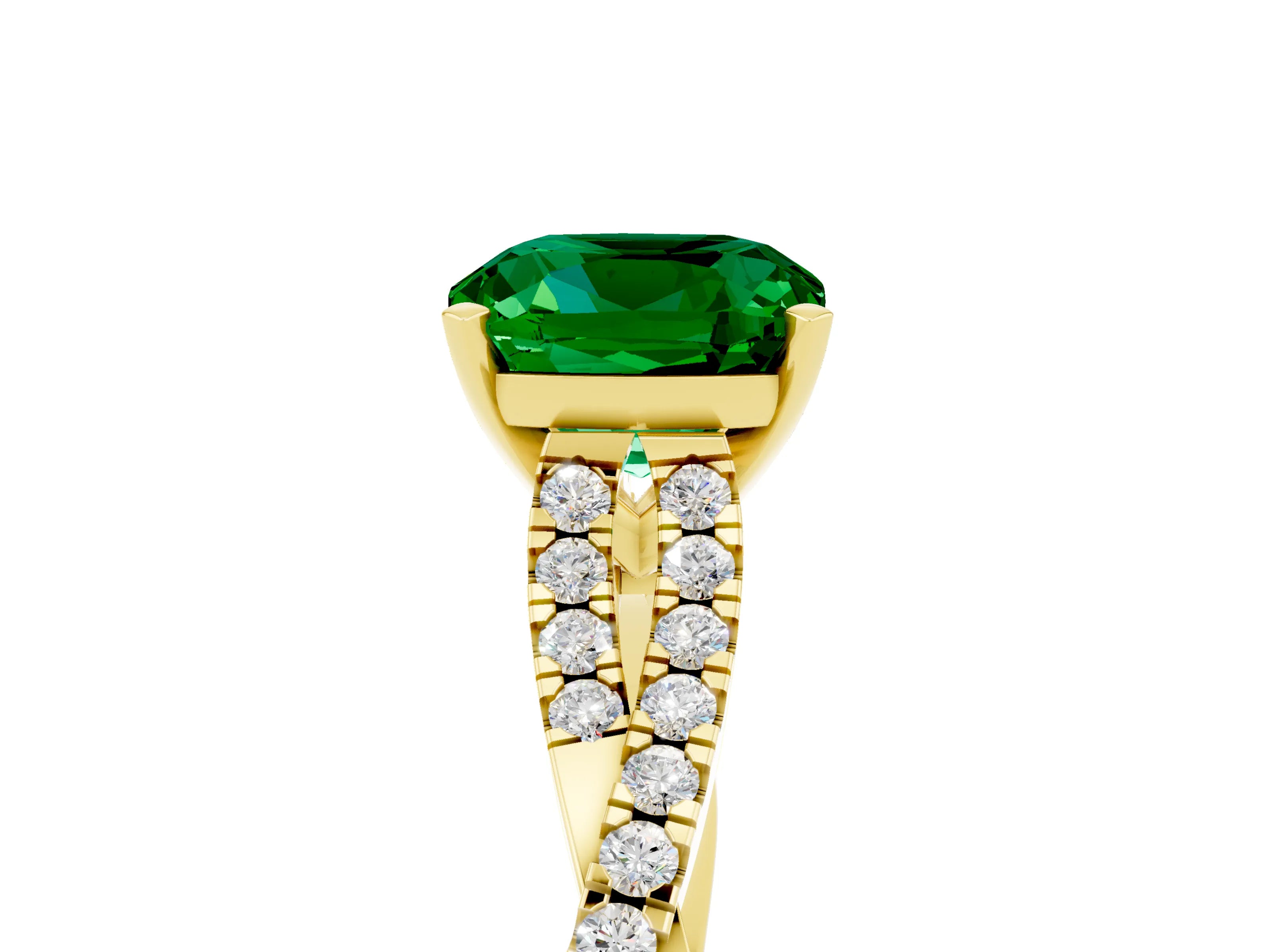 Yellow gold Cushion Cut Emerald Solitaire Engagement Ring with Twisted Pavé Band and Four-Prong Setting_17