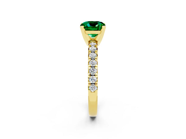 Yellow gold Cushion Cut Emerald Solitaire Pavé Engagement Ring with Round Band and Prong Setting