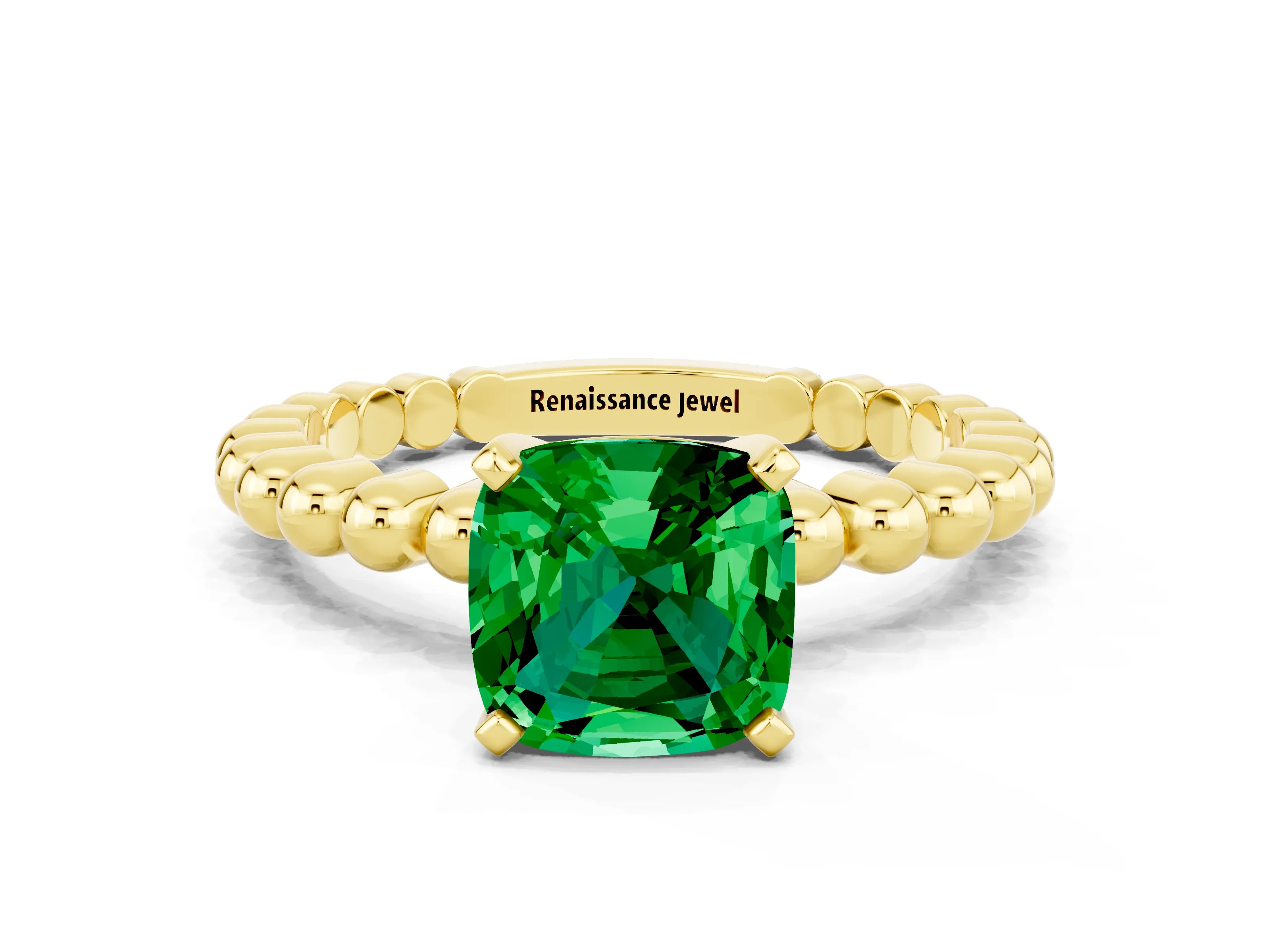 Yellow gold Cushion Cut Emerald Solitaire Ring with Beaded Band and Prong Setting
