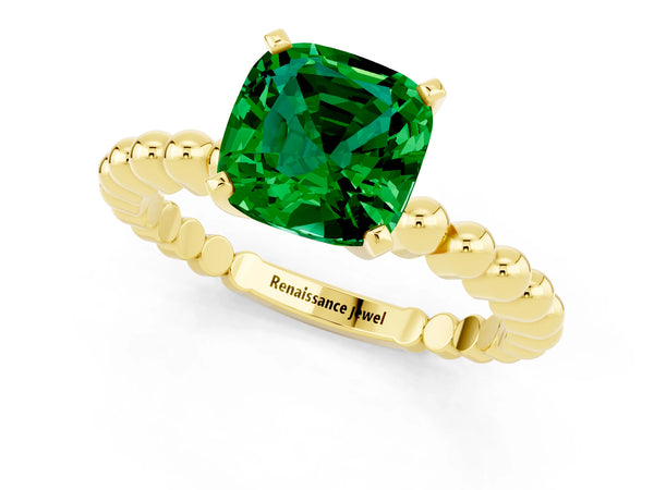 Yellow gold Cushion Cut Emerald Solitaire Ring with Beaded Band and Prong Setting