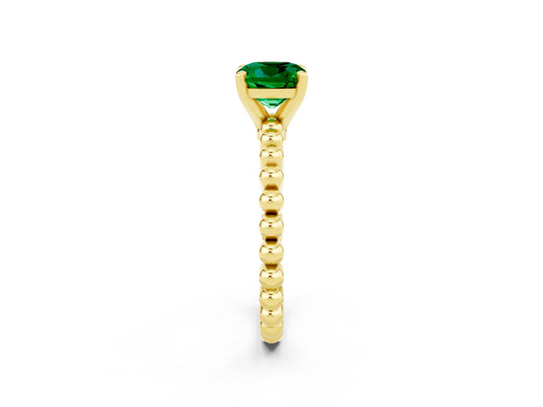 Yellow gold Cushion Cut Emerald Solitaire Ring with Beaded Band and Prong Setting