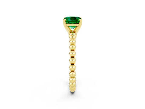 Yellow gold Cushion Cut Emerald Solitaire Ring with Beaded Band and Prong Setting_2