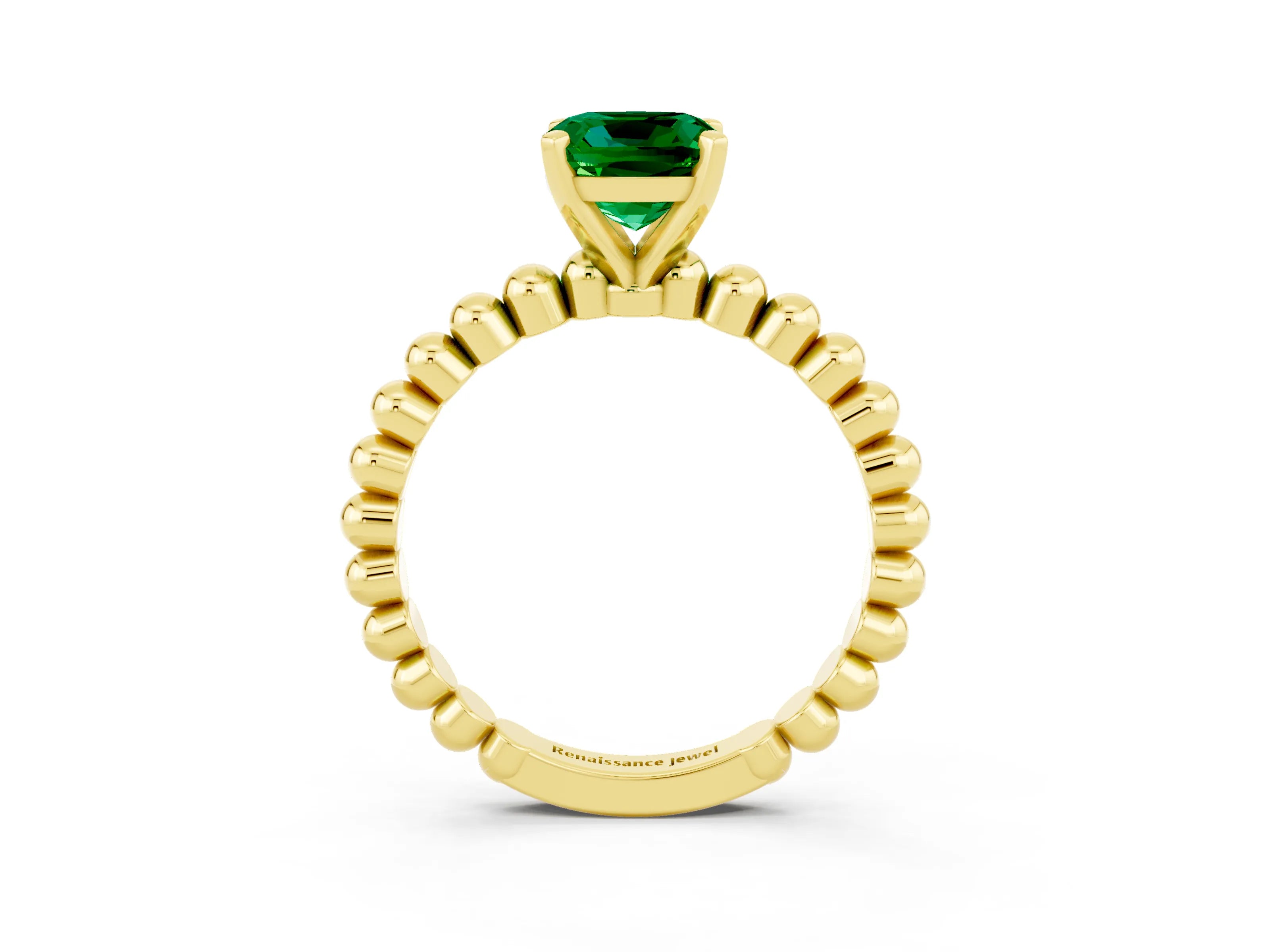 Yellow gold Cushion Cut Emerald Solitaire Ring with Beaded Band and Prong Setting_3