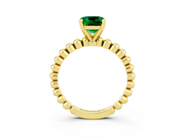 Yellow gold Cushion Cut Emerald Solitaire Ring with Beaded Band and Prong Setting