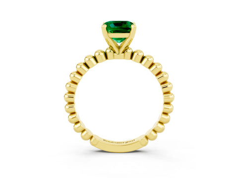 Yellow gold Cushion Cut Emerald Solitaire Ring with Beaded Band and Prong Setting_3
