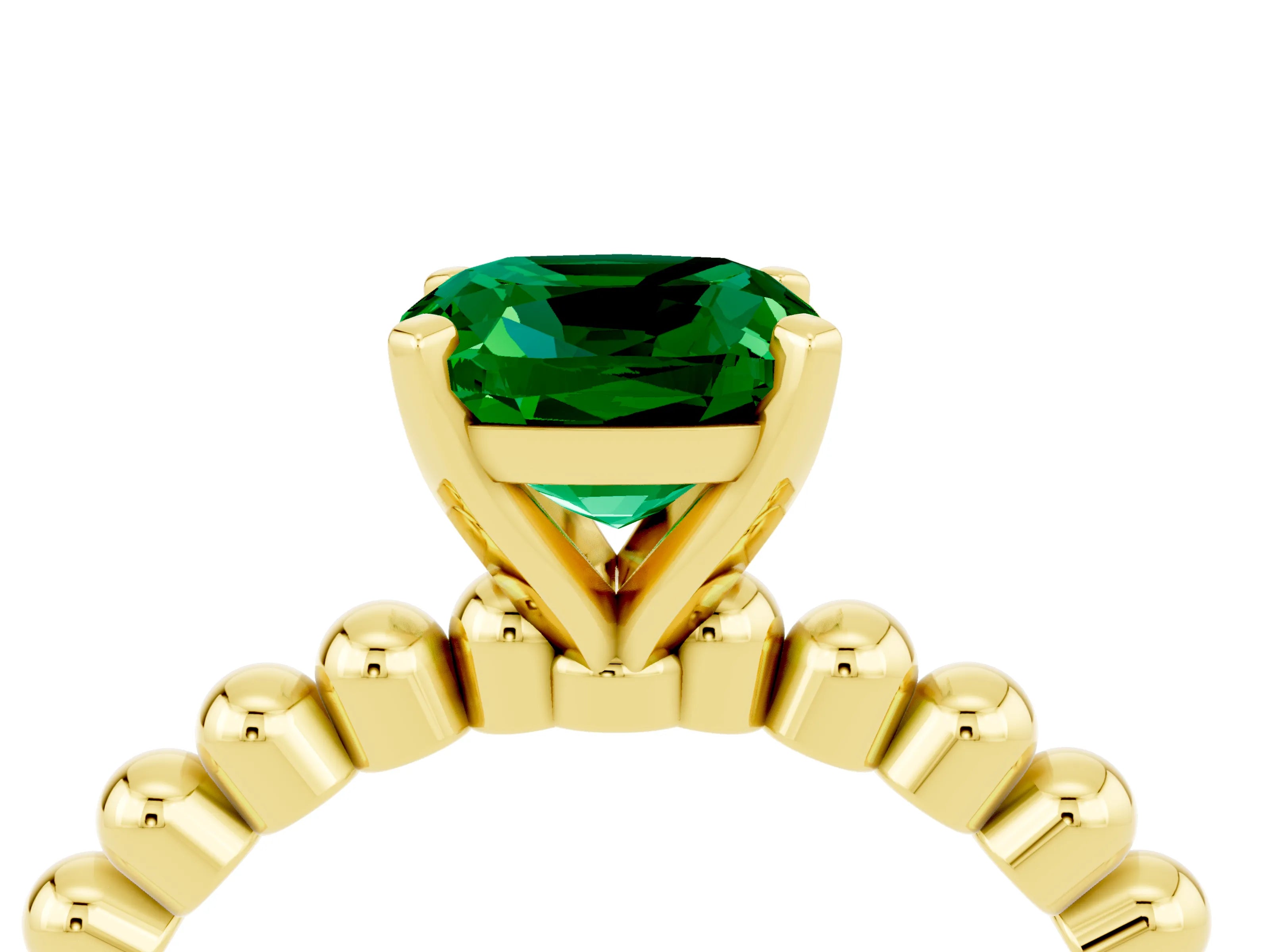 Yellow gold Cushion Cut Emerald Solitaire Ring with Beaded Band and Prong Setting_4
