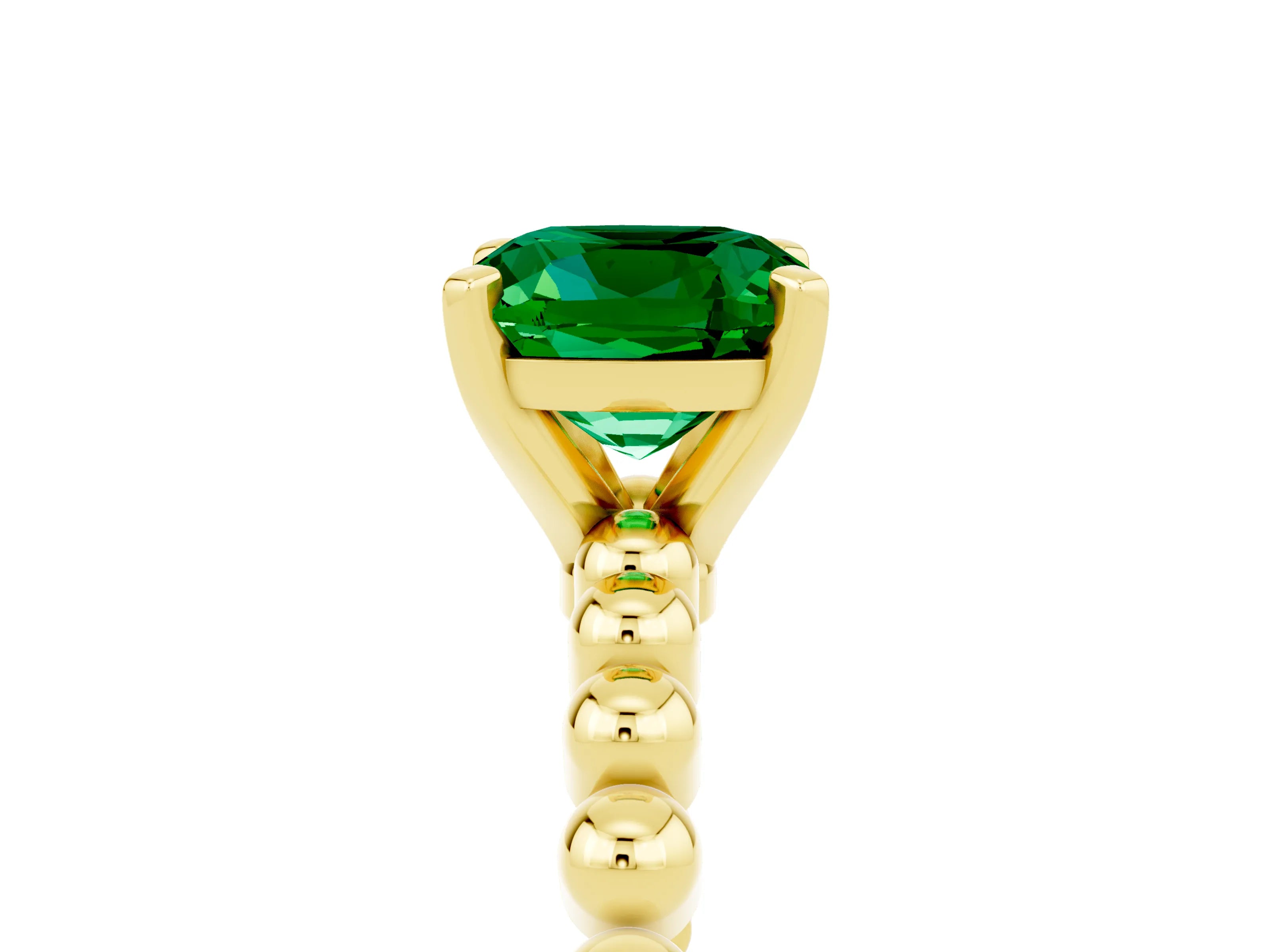Yellow gold Cushion Cut Emerald Solitaire Ring with Beaded Band and Prong Setting_5